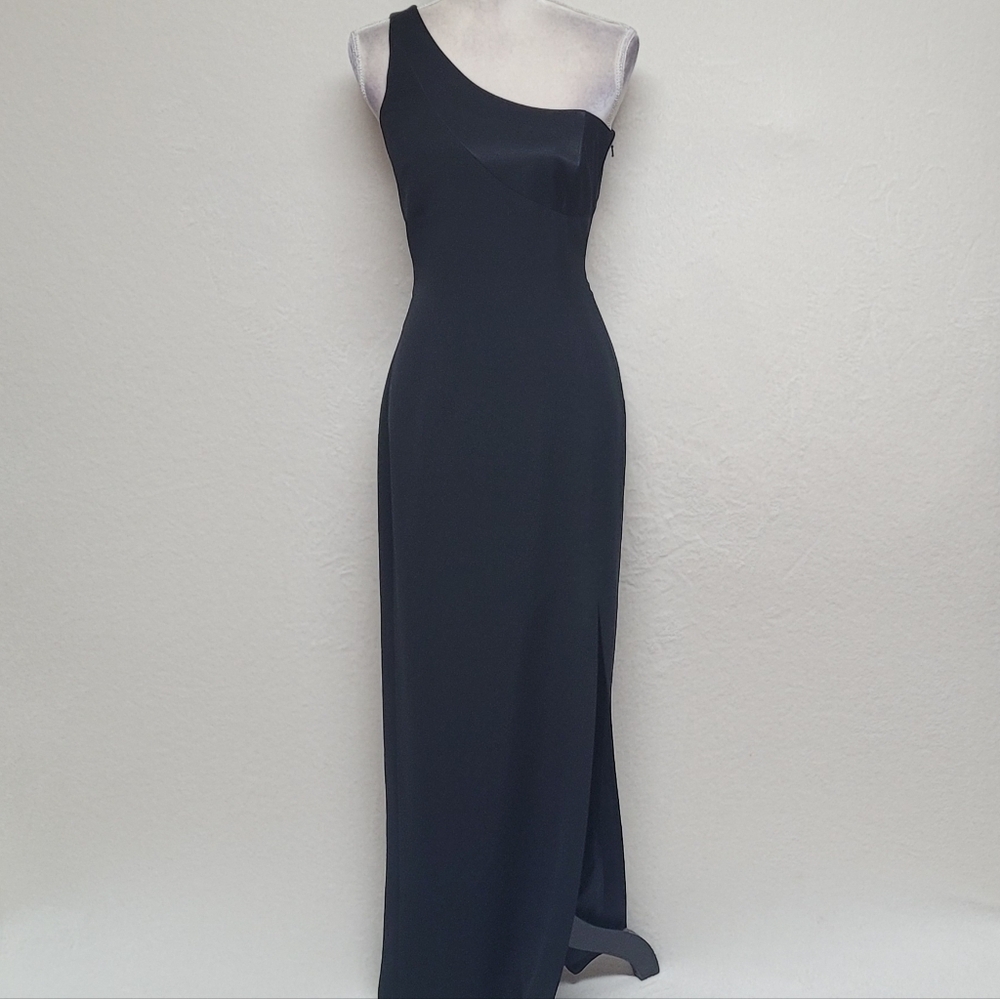 Vintage Andrea Polizzi Black Satin Crepe One-Shoulder Thigh Slit Backless Gown 6 - Picture 4 of 12